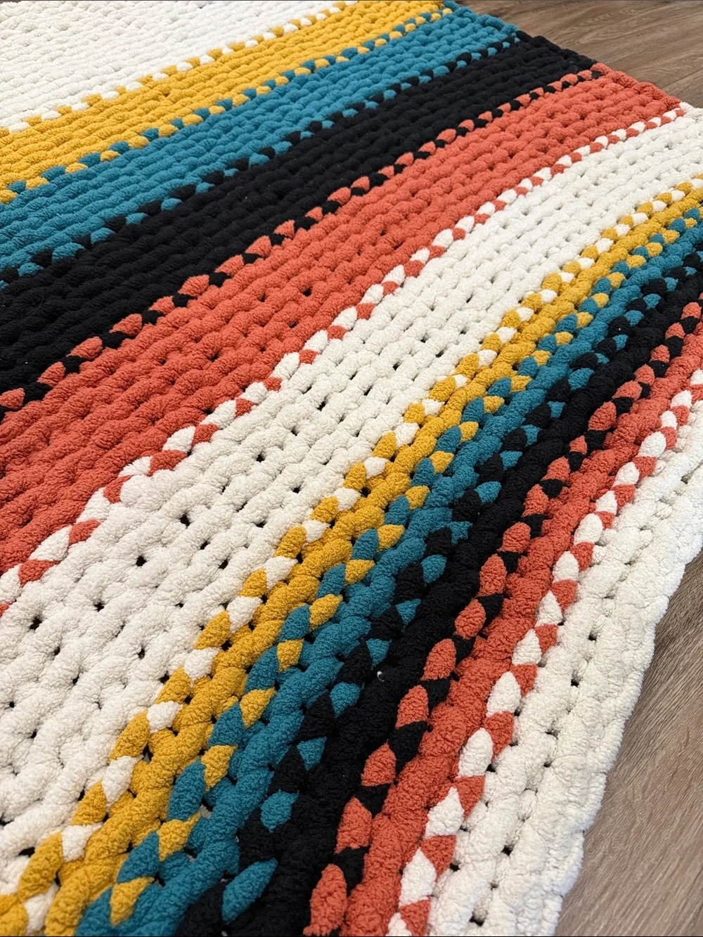 Chunky hand Crochet Stripe Throw in Cream, Mustard, Teal, Black & Rust